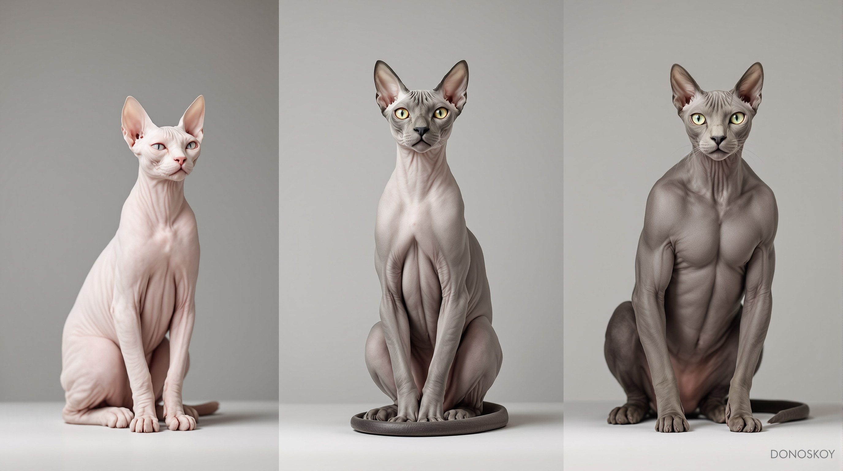 Three different hairless cat breeds side by side