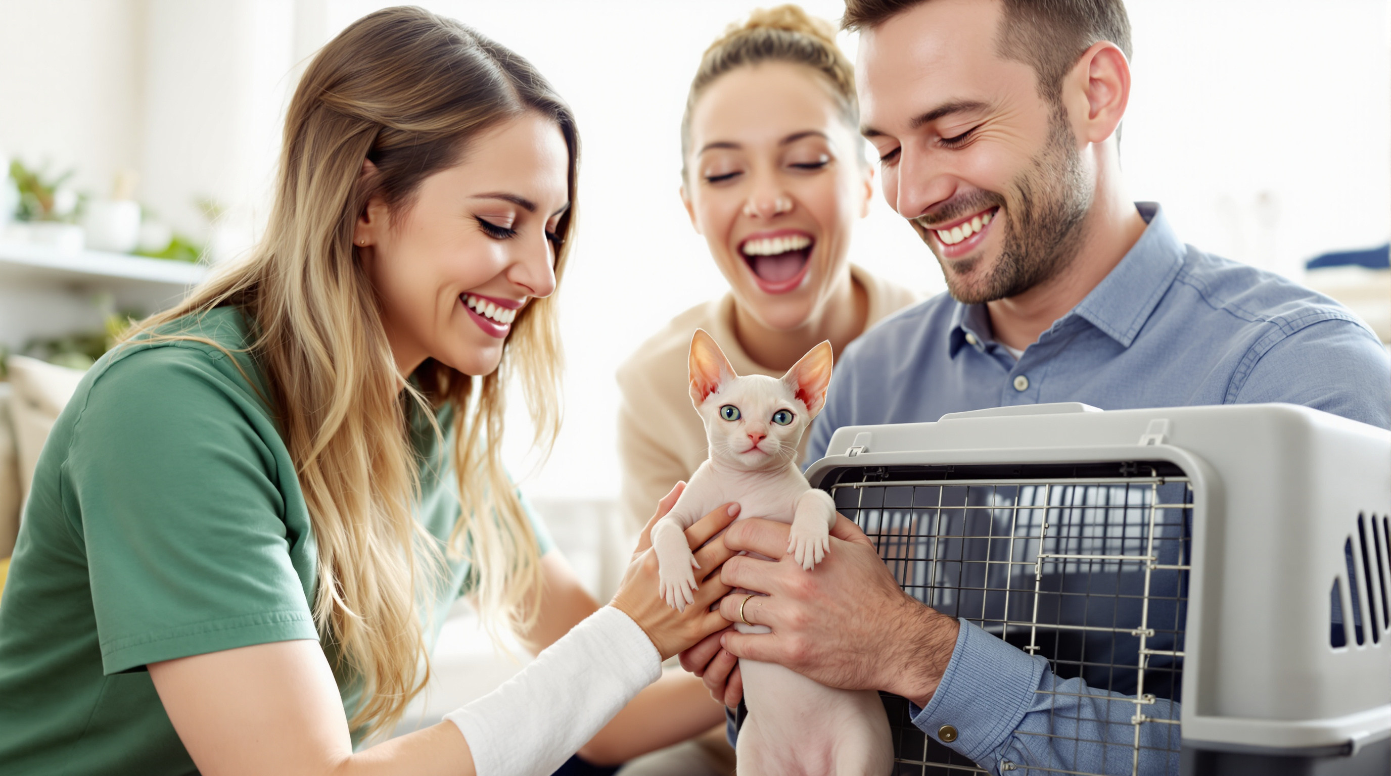 Happy family adopting a Sphynx kitten