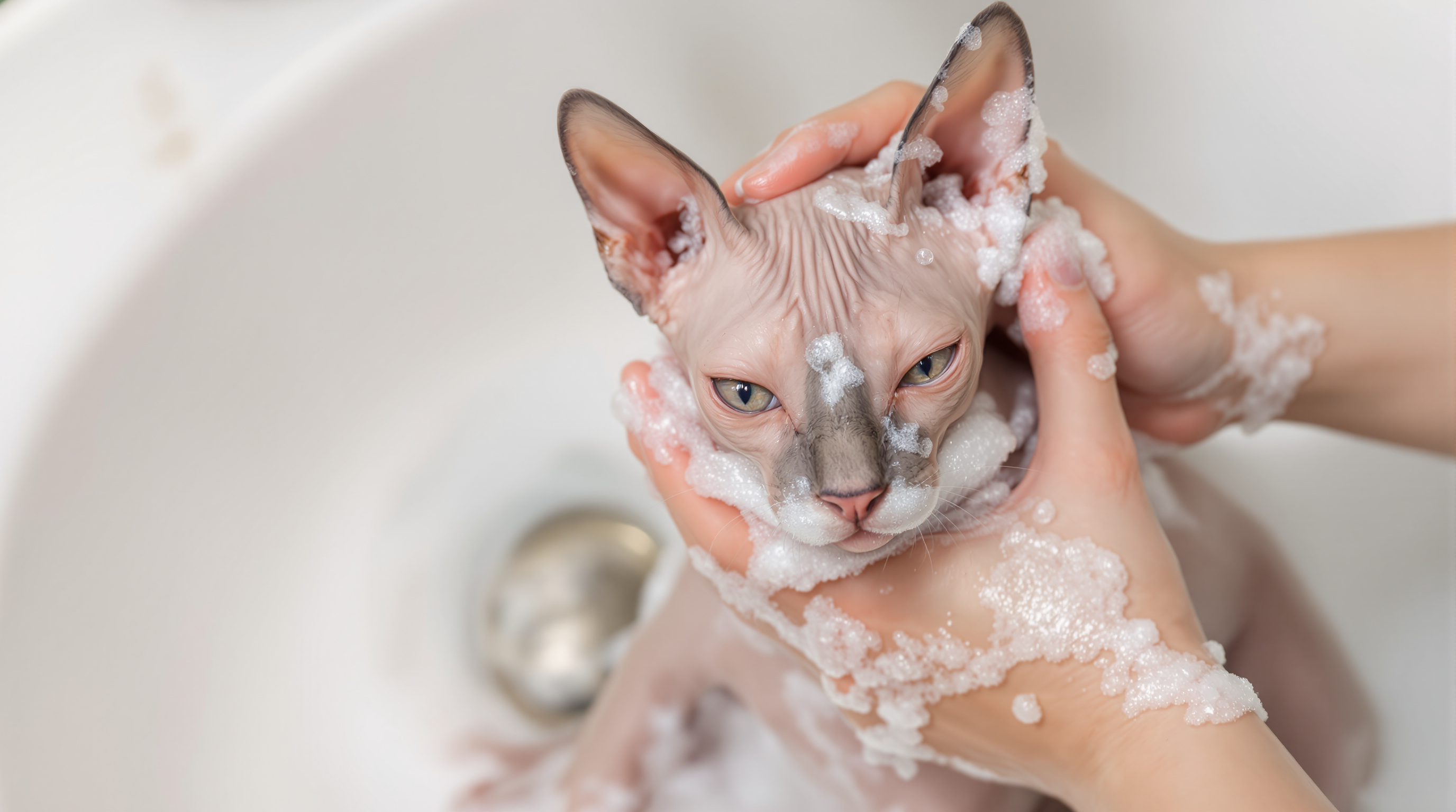 Hairless cat enjoying bath time