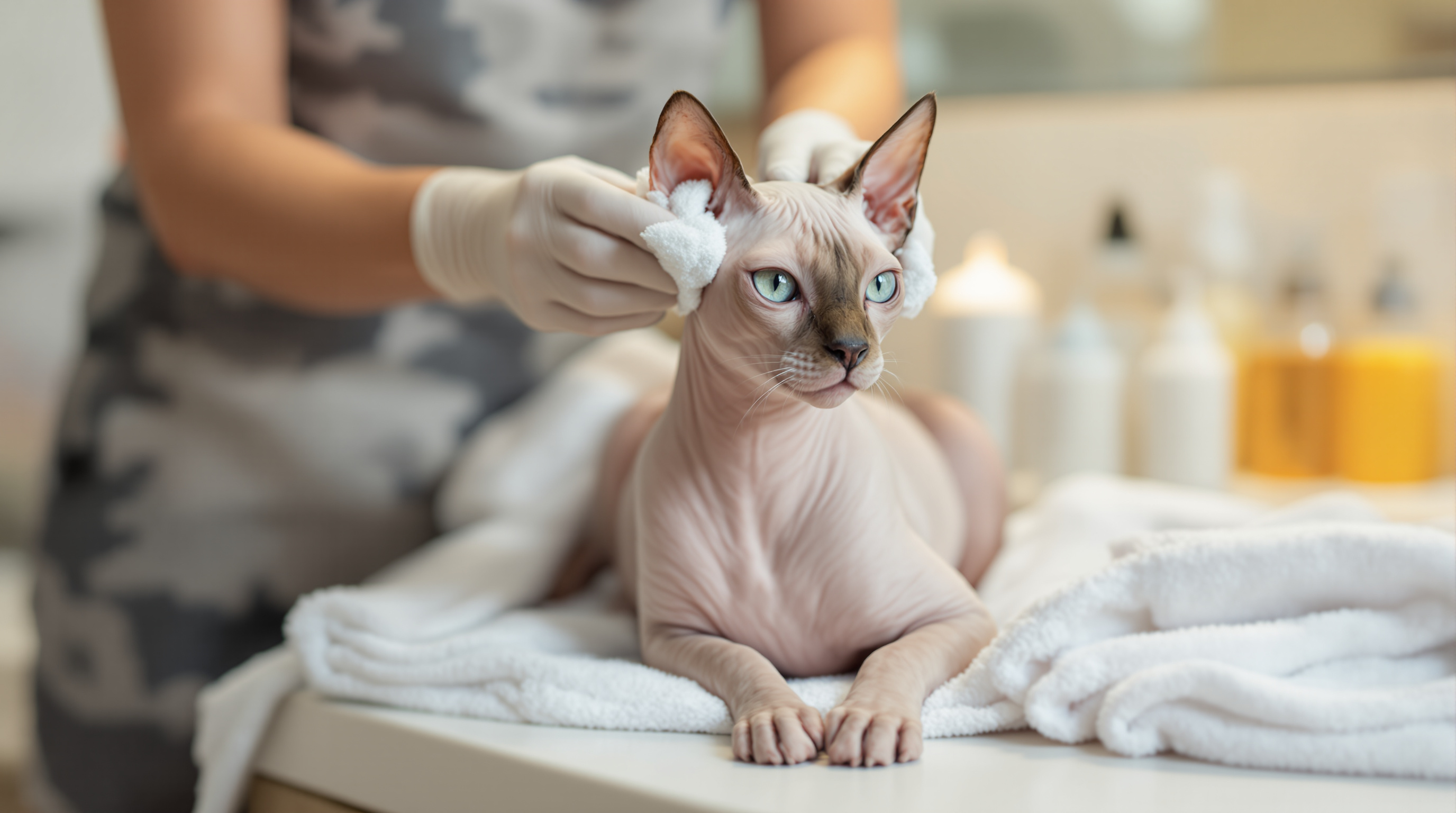 Hairless cat grooming session