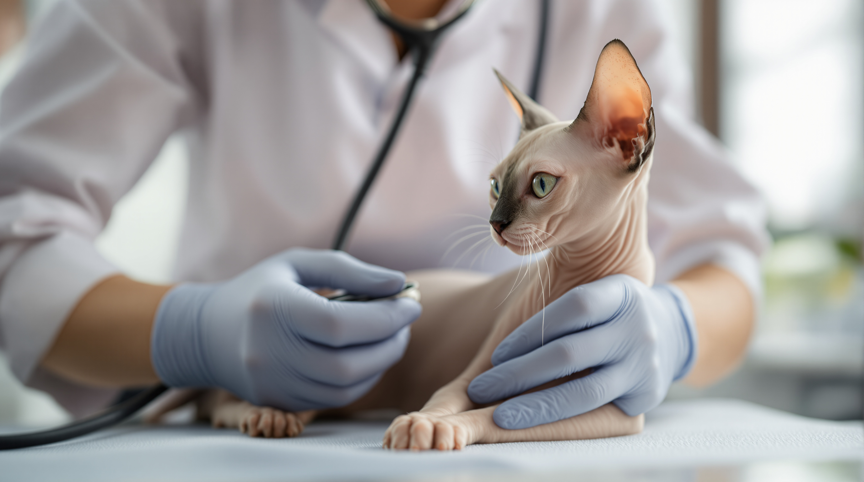 Sphynx cat receiving veterinary health examination