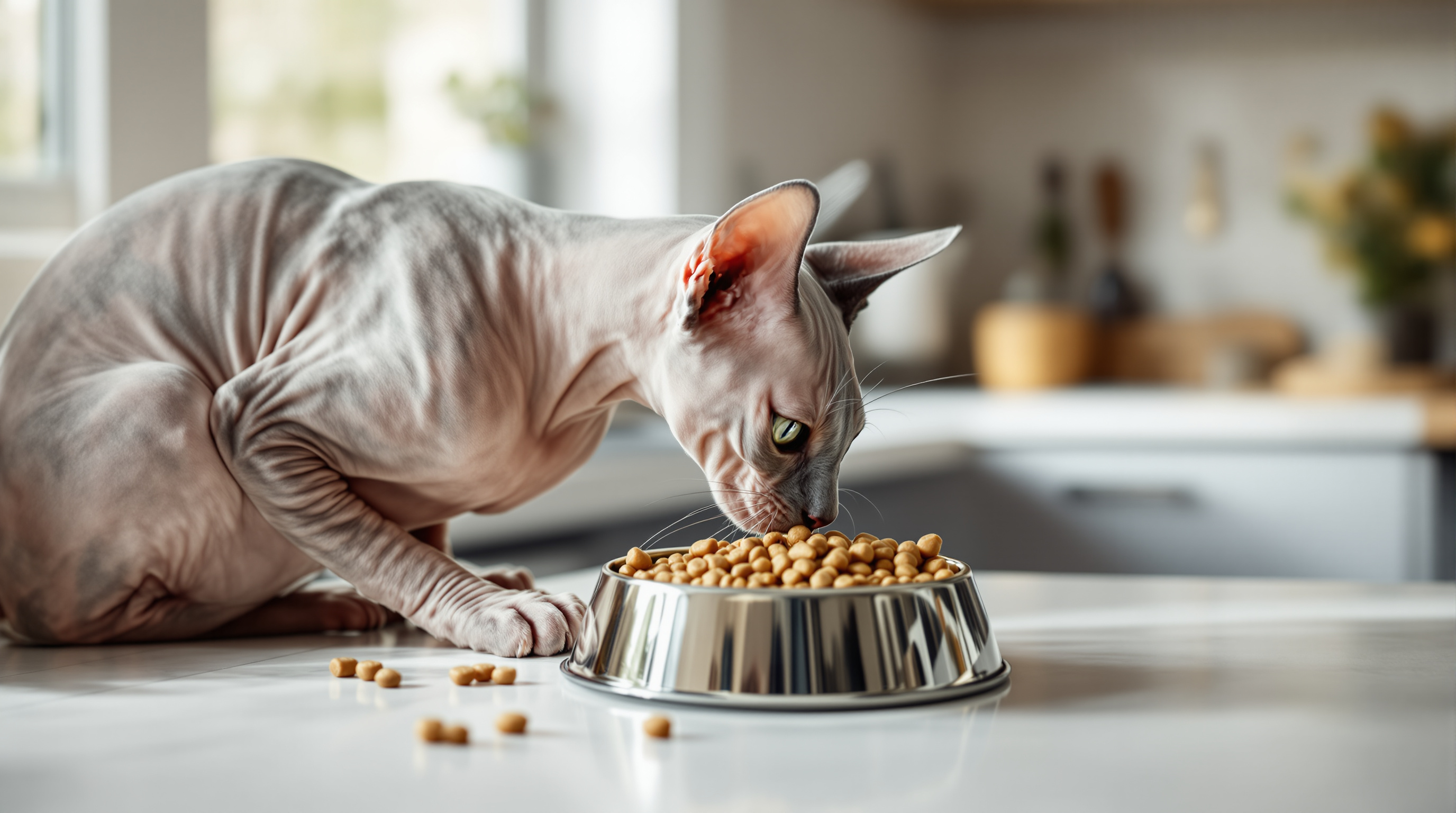 Hairless cat enjoying a meal