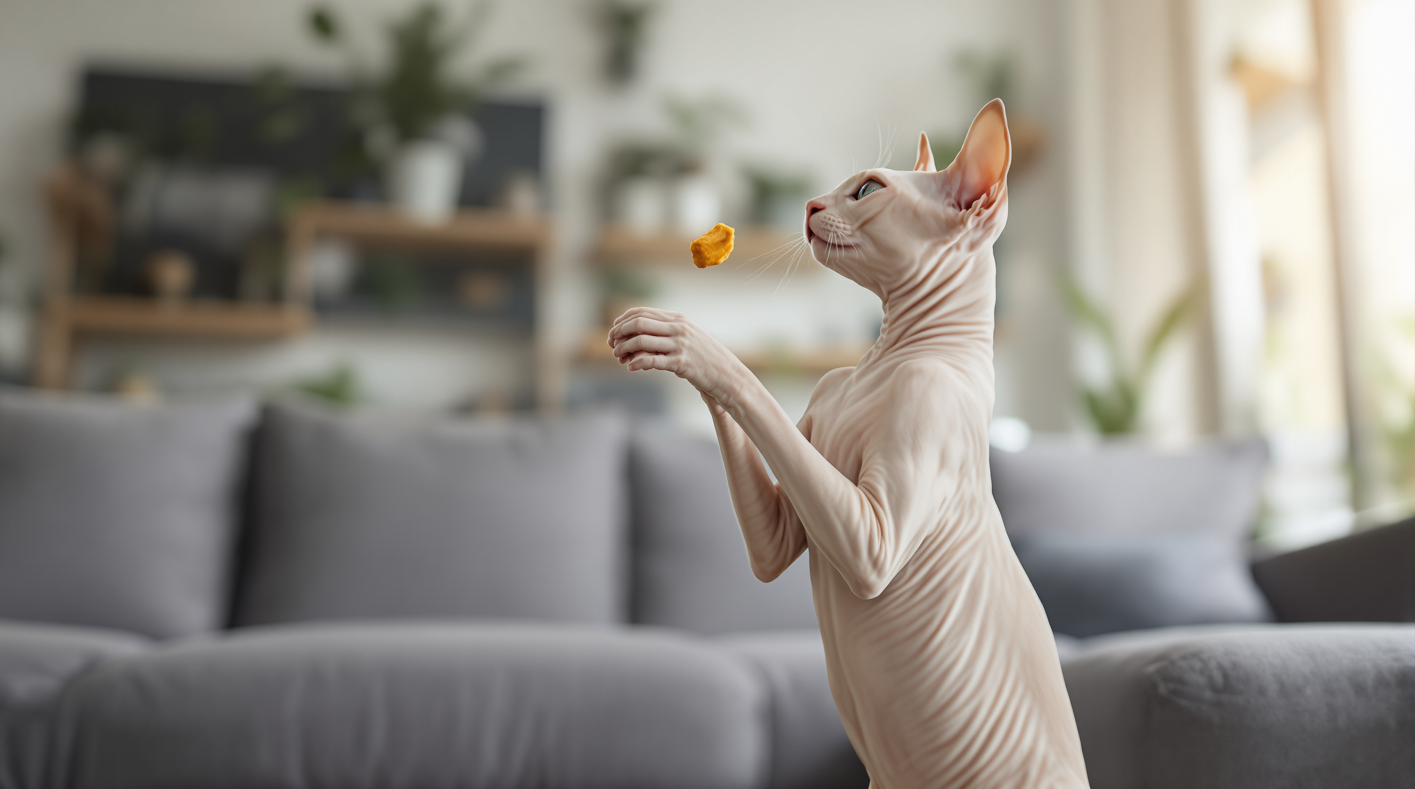 Smart Sphynx cat performing tricks